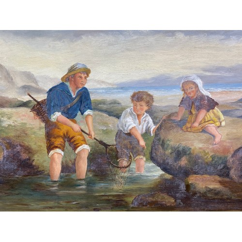 1135 - Antique oil on canvas of crabbing scene signed M. Milton 1877. 52 x 37 cm.