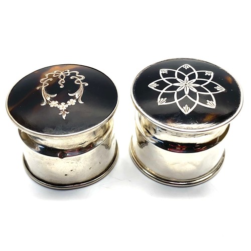 886 - Two sterling silver lids with tortoise shell to the top. (vanity bottle lids). One Mappling and Webb... 