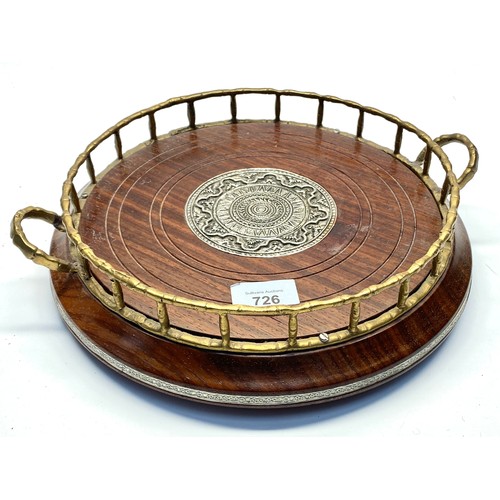 726 - Antique oak and brass eastern serving tray with white metal centre (possibly silver).