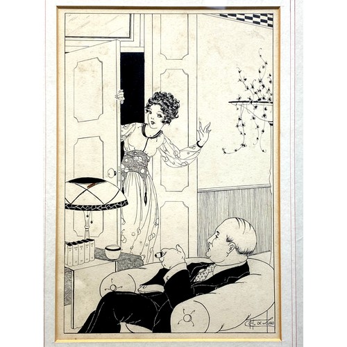 1209 - Four 1920s original French Cartoon ink sketches of a temptress luring her subjects signed Ardern.