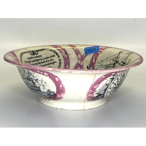 734 - Pink and white Lusterware bowl with Lord Bryon's poem 