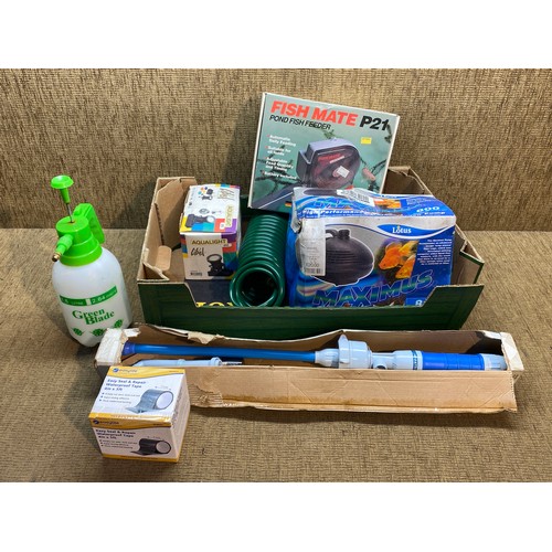 337 - Fish pond accessories including high performance garden pump and a fishmate P21 pond fish feeder.