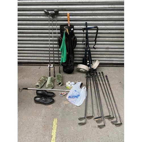 349 - set of Bob Mann golfing irons, with three Fulli drivers and all accessories. with bag and trolley.