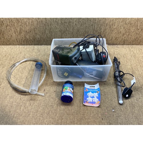 357 - Fish tank accessories including pump and heater.