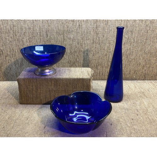 775 - Three blue studio glass items including a Italian fruit bowl , Hyder bowl silver plated base and ste... 