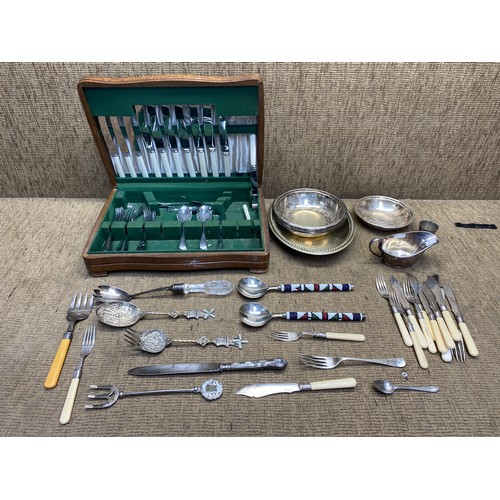 128 - Selection of silver plated items and cutlery including Mappin and Web and some silver collars.