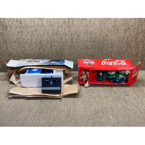 133 - Boxed limited edition Coca Cola soft toy collection and 1980's Corgi Austin Metro remote control car... 