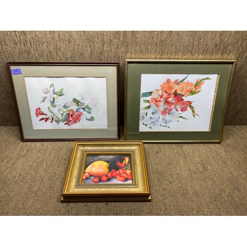 136 - Two framed watercolours signed K.E.Jarvis and a limited edition still life print by Sally Barrott.