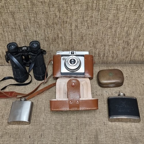 699 - Falcon 10x42 binos, WW1 cigarette tin, hipflasks and a camera.