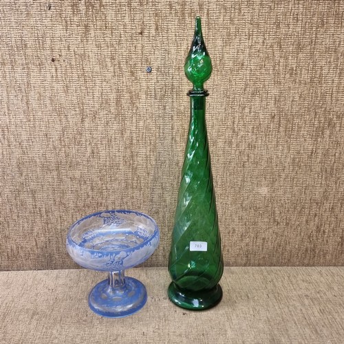 703 - Large green Studio glass bottle and etched blue fruit bowl slight chip to rim.