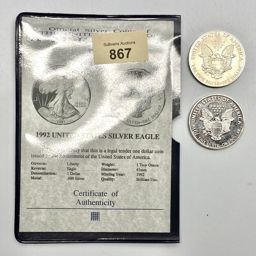 867 - Two silver American dollars dates include 1992 and 2000.