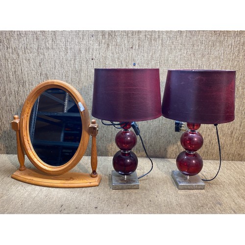 31 - Bedroom pine dressing table mirror and two modern lamps.