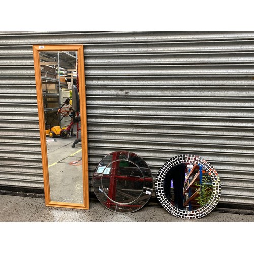 54 - Two modern round mirrors and a tall standing pine mirror.