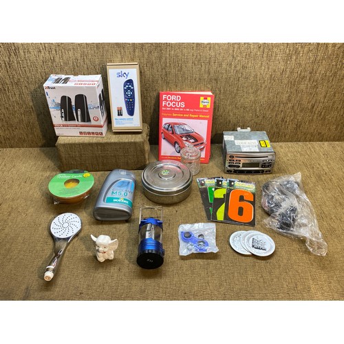 177 - Mixed items including a camping light , mela boxed 10W speaker , boxed sky remote , retro ford fiest... 