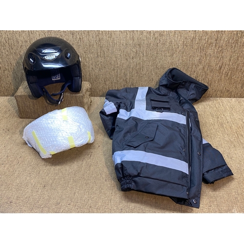 185 - Shark SK motorbike helmet a with face guard and reflective jacket.