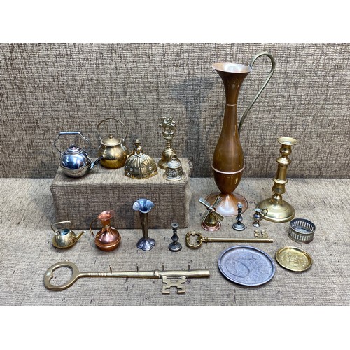 187 - Selection of brass items including welsh lady bell and candle sticks.