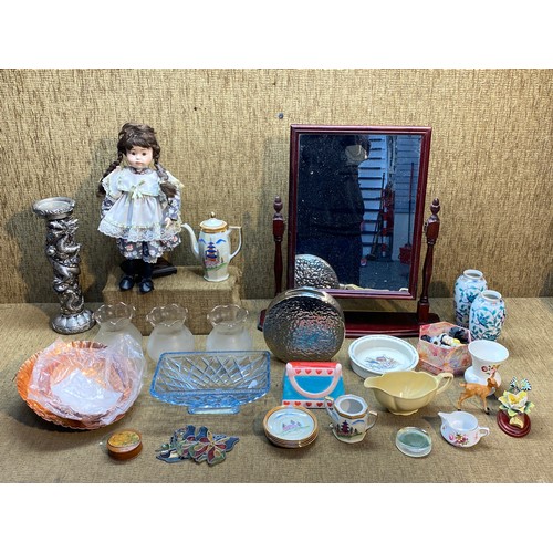 202 - Mixed collectable household items including a chinese dragon candle holder, copper bird bath and a p... 