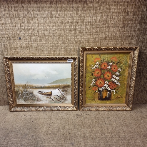 180A - Two oil on board paintings one floral signed Donald and beach scene.