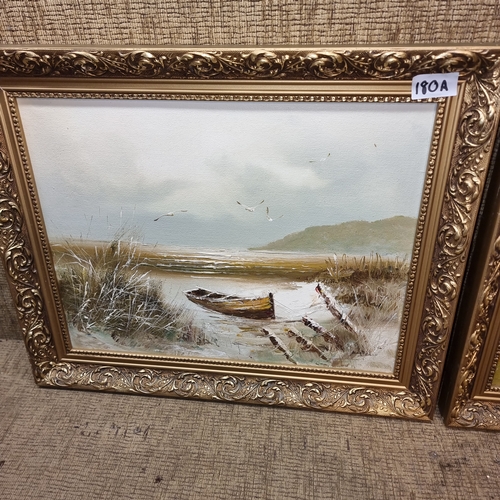 180A - Two oil on board paintings one floral signed Donald and beach scene.