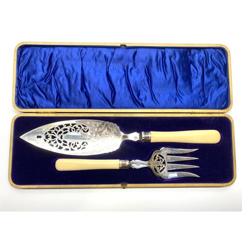 896 - Silver plated Fish server and Fork with bone handles. Silver collars dated Sheffield 1905 and 1907 b... 