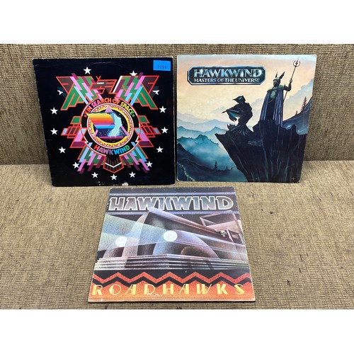 1191 - 3 Hawkwind vinyl L.P rock albums including 'In search of Space' , 'Masters of the Universe' & 'Road ... 