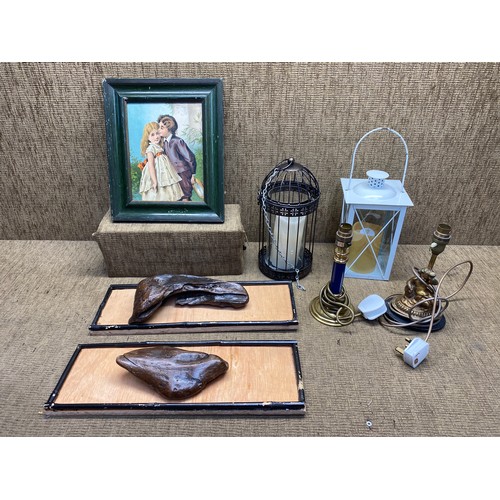 460 - Collectable items including framed polished driftwood , two metal hanging lanterns and vintage cheru... 