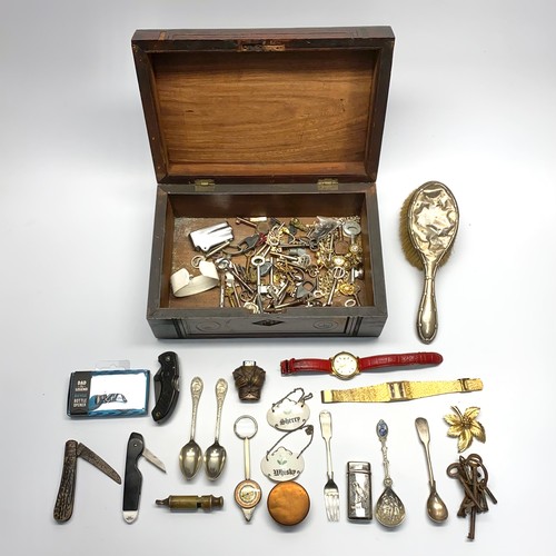 735 - Antique wooden jewellery box full with curiosities including an Acme Metropolitan Police whistle, a ... 
