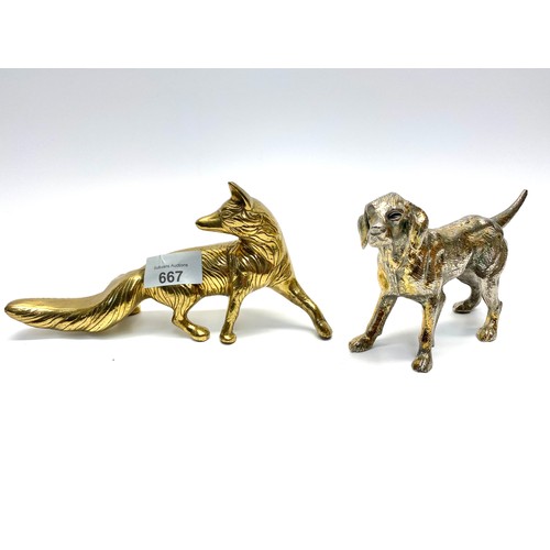 667 - Heavy brass fox (20 cm long) and stainless steel statue of Bloodhound dog(16cm long).