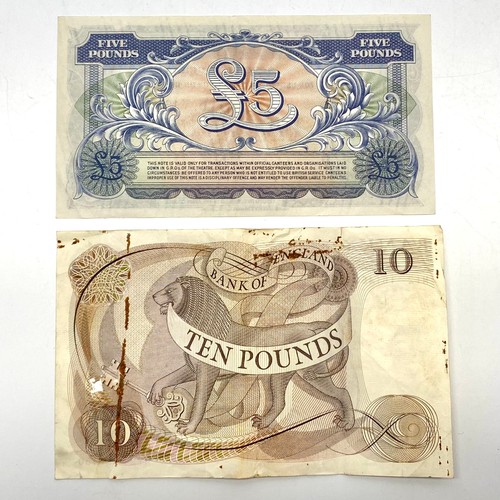 850 - Old British armed forces £5 note an 1970 £10 note.