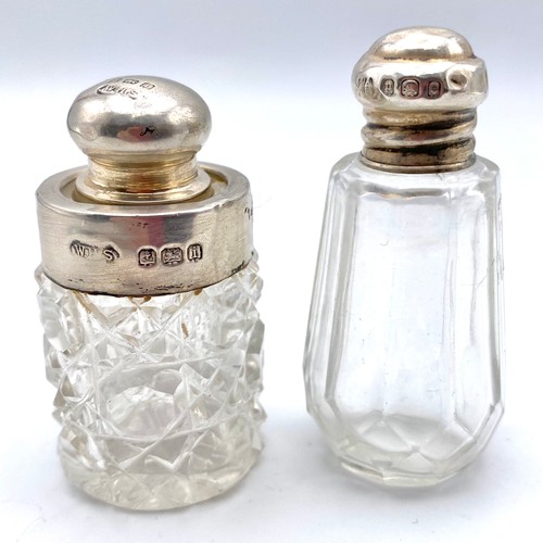 860 - Two perfume bottles with age related charm and character. 5cm. Birmingham 1908 William Henry Sparrow... 