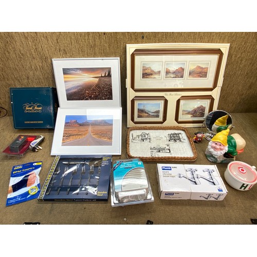 84 - Mixed items including: 2 decorative landscape photos, a trivia pursuit board game, and a stainless s... 