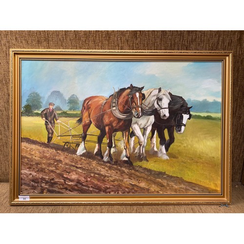 86 - Framed acrylic on canvas 'horses plough line' 1993 by Yvonne Garnet.58 cm x 82cm