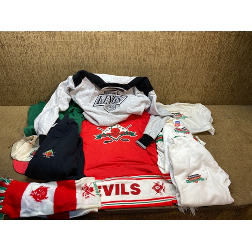 126 - Collection of Ice Hockey and Cardiff Devils sweatshirts, hats and scarfs
