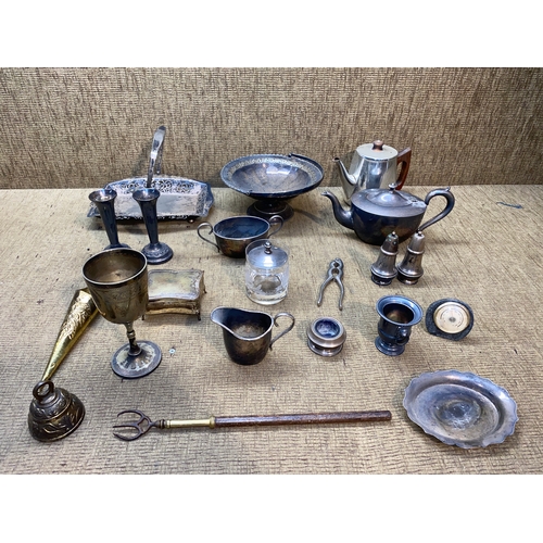 127 - Collection of silver plated items including fruit bowl, teapot and flute vases.