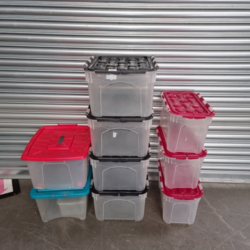 150 - 10 plastic storage boxes.