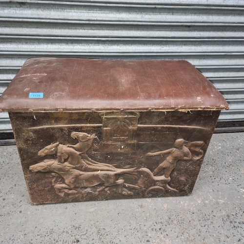 1136 - Antique Copper beaten and leather topped box with handles with a chariot scene.