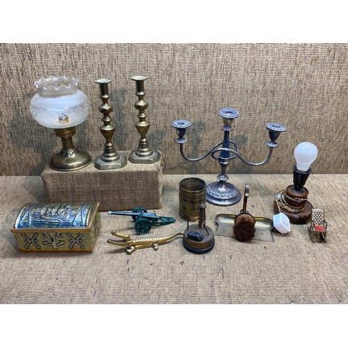 154 - Brass items including pair of brass candle sticks and crocodile nut cracker.