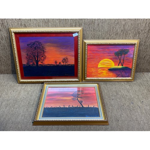 175 - Three sunset scene oil on board paintings in gold gilded  frames by David Windmill.