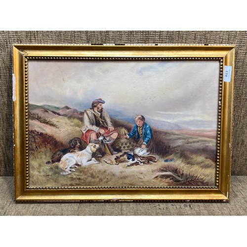 178 - Oil on canvas painting of a Scottish father and son after a hunt, signed M.Gitton. 55 x 40 cm.