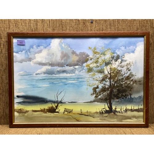 492 - Watercolor painting of countryside scene unsigned 71 x 49cm.