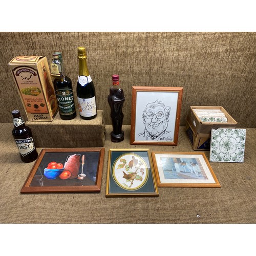 493 - Items including 4 bottles of alcohol, vintage ceramic wall tiles and framed pictures.