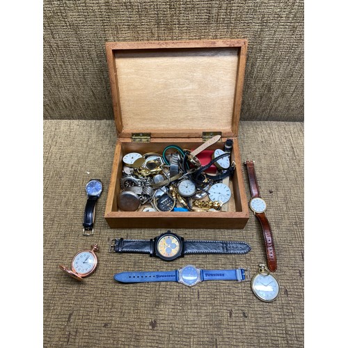 496 - Watches and pocket watches in a wooden box including Seiko , Swissza and Sekonda.