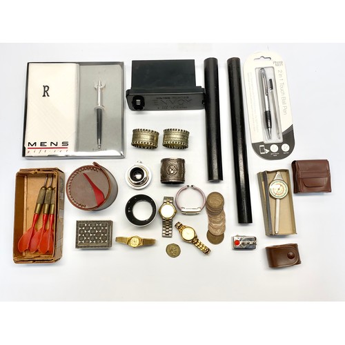 1144 - Selection of curiosities including silver plated napkin rings , boxed map measurer and a mother of p... 