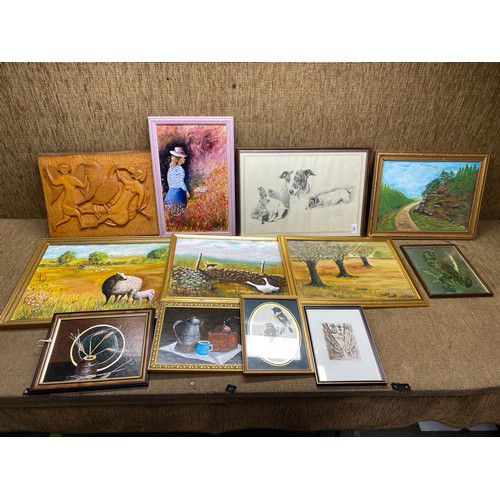 184 - Collection of art including: hand carved wooden plaque, oil paintings and pencil sketches.