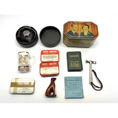 1153 - Curiosities including: Claude Valentine watch , ticket to Buckingham Palace ticket , collectable tin... 