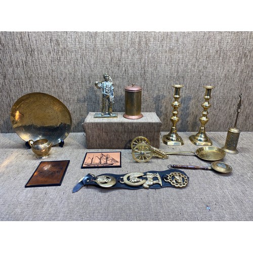 1154 - Collection of brass items including candle sticks and Welsh miner.