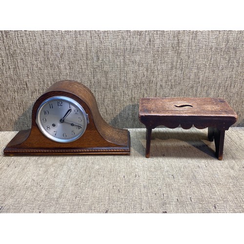 740 - Vintage Welsh oak prayer stool and a Napoleon hat mantle clock.