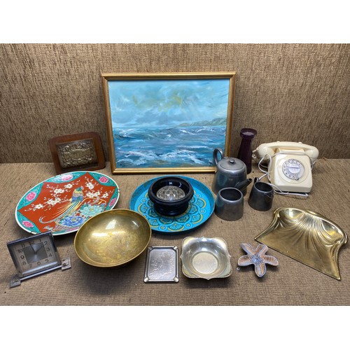 1178 - Antiques and collectibles including: acrylic painting dated august 1978, pewter tea set, ceramic han... 