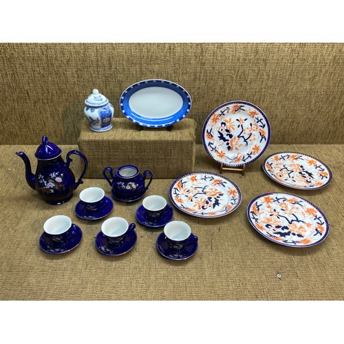 510 - Selection of ornamental blue ceramics including 4 Coalport plates and wade dish.