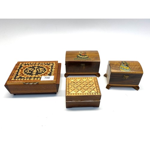708 - Four embellished wooden jewellery boxes . largest 17x12x15 cm.
